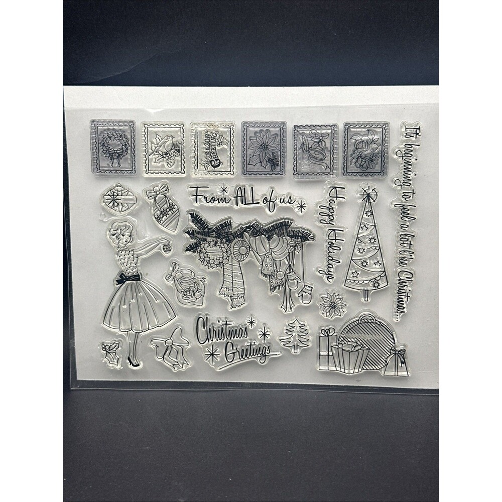 Happy Holidays 21 Vintage look Christmas Cling Stamp Set Retro Cardmaking UK 50s